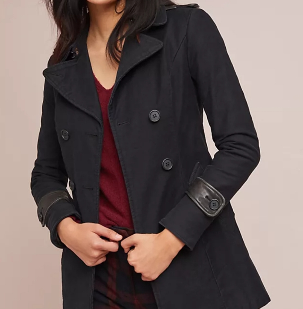 Anthropologie June Women's Black Peacoat With Leather Details